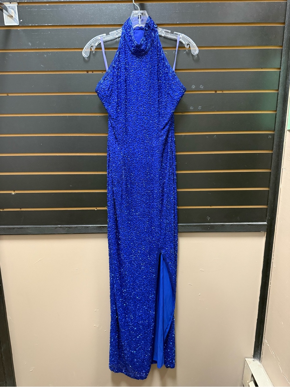 Vintage Black Tie Oleg Cassini Cobalt Blue Silk Bugle Beaded Halter Gown Sz 4